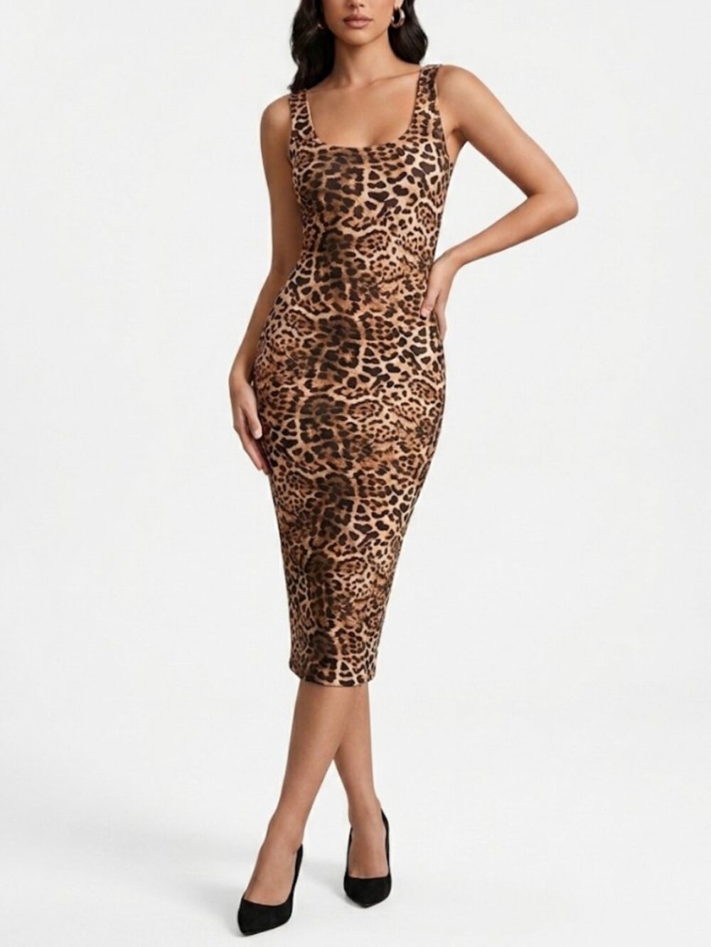 Naked Wardrobe Leopard Print Midi Dress Brown Black Animal Bodycon Size 2X NWOT